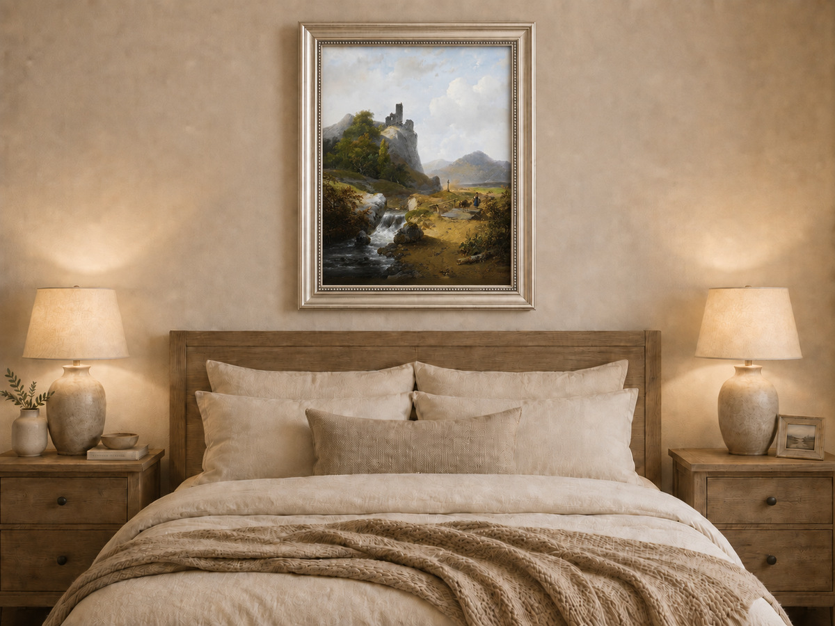 Peinture à l'huile de paysage - Montagne avec ruines, cascade et personnage