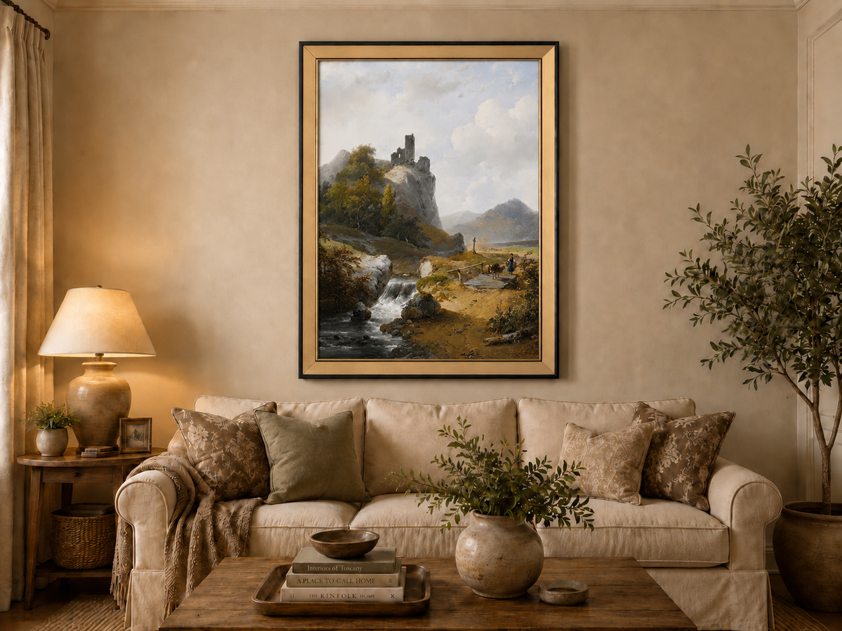 Peinture à l'huile de paysage - Montagne avec ruines, cascade et personnage