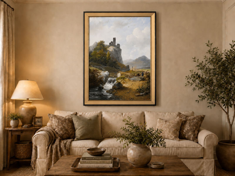 Peinture à l'huile de paysage - Montagne avec ruines, cascade et personnage