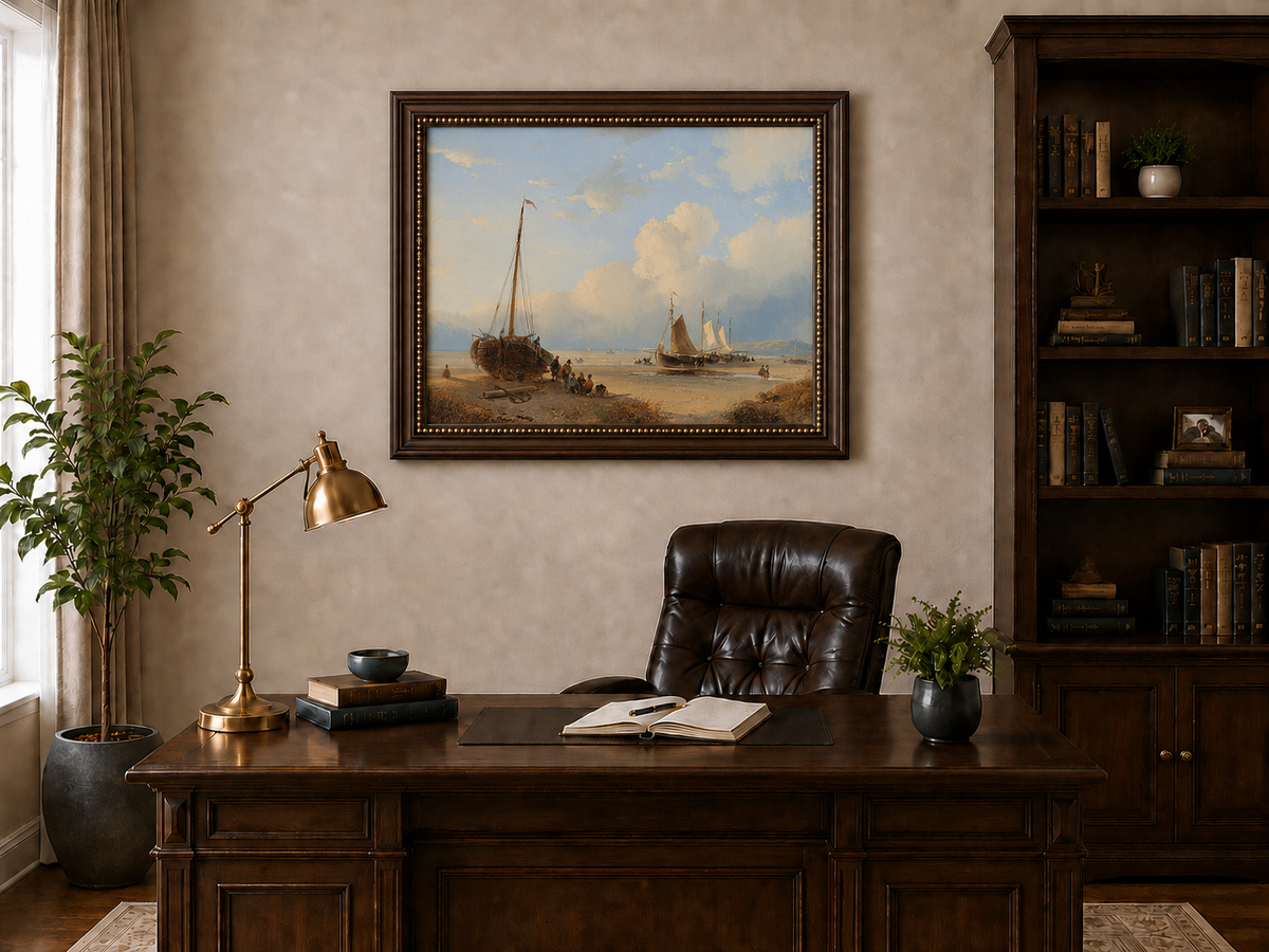 Peinture à l'huile de paysage - Plage avec bateaux, personnages et ciel