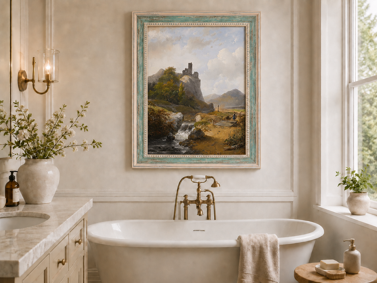 Peinture à l'huile de paysage - Montagne avec ruines, cascade et personnage