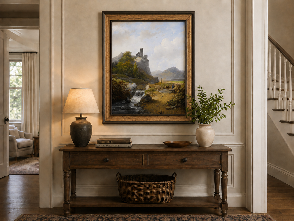 Peinture à l'huile de paysage - Montagne avec ruines, cascade et personnage