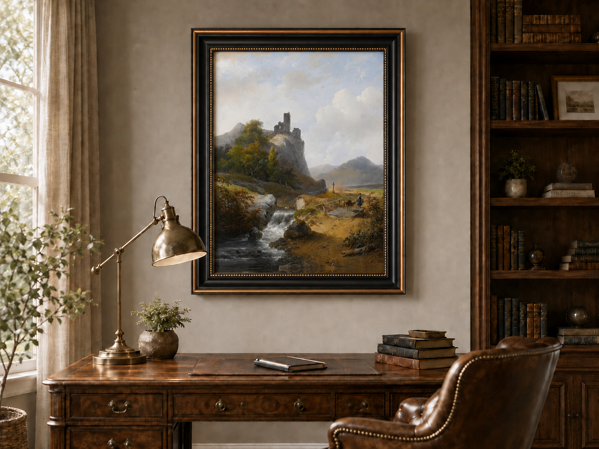 Peinture à l'huile de paysage - Montagne avec ruines, cascade et personnage