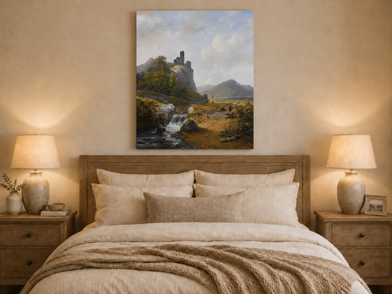 Peinture à l'huile de paysage - Montagne avec ruines, cascade et personnage