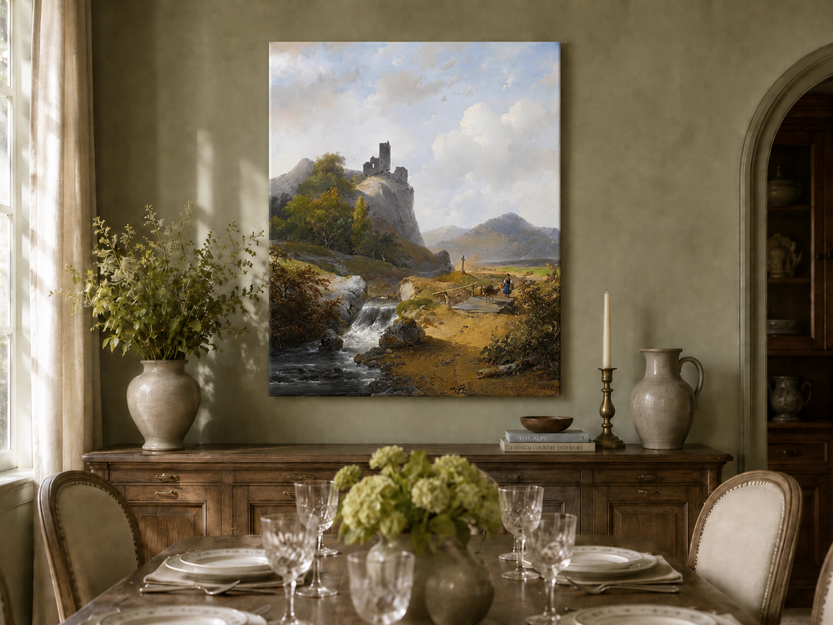 Peinture à l'huile de paysage - Montagne avec ruines, cascade et personnage