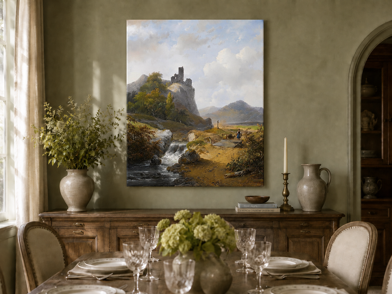 Peinture à l'huile de paysage - Montagne avec ruines, cascade et personnage