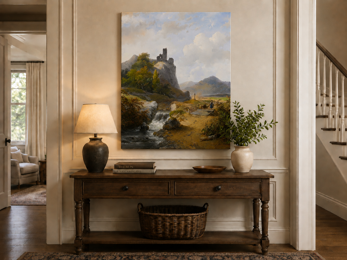 Peinture à l'huile de paysage - Montagne avec ruines, cascade et personnage