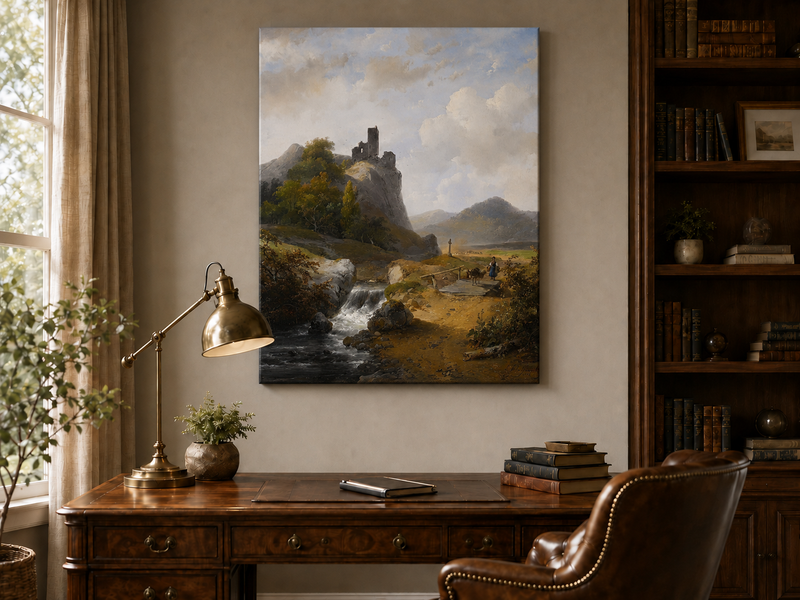 Peinture à l'huile de paysage - Montagne avec ruines, cascade et personnage
