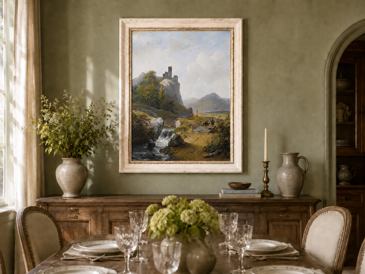Peinture à l'huile de paysage - Montagne avec ruines, cascade et personnage