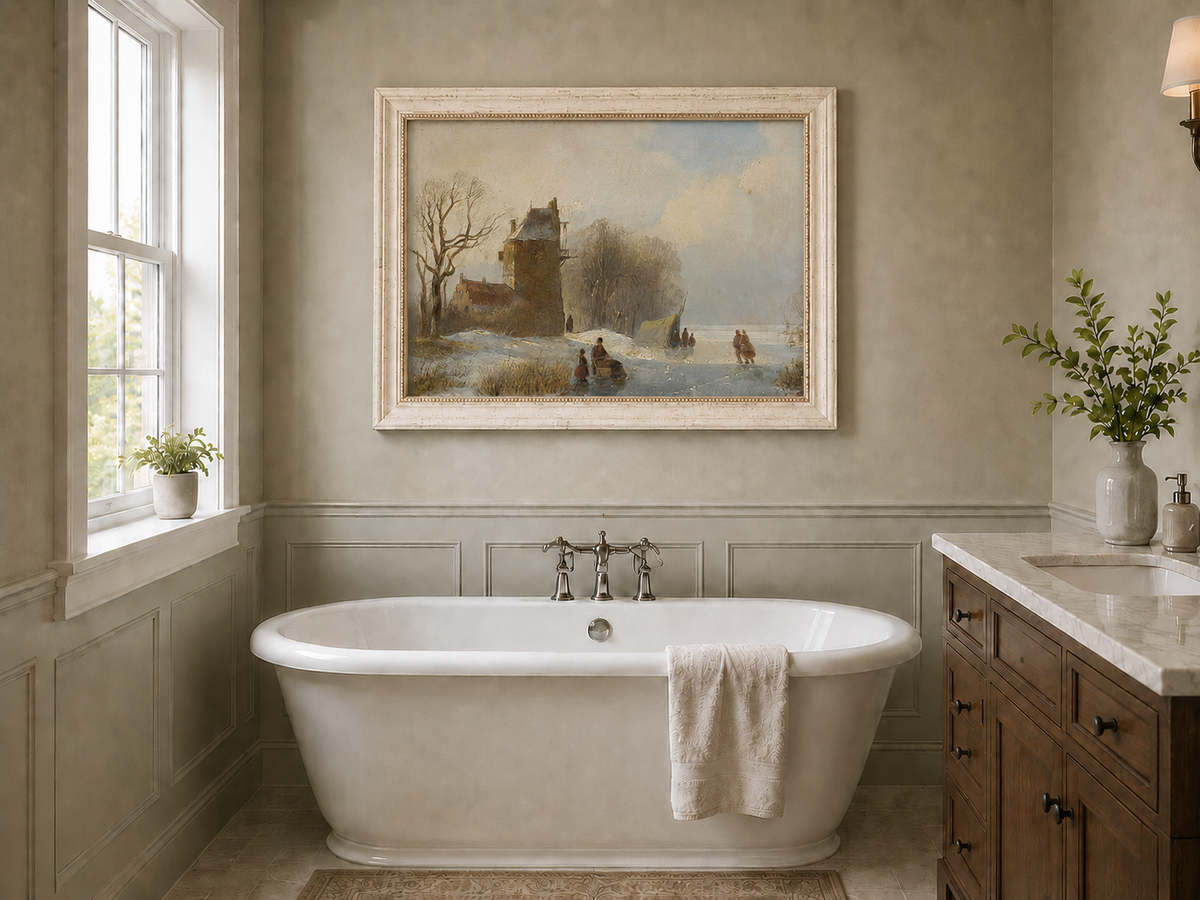 Landscape Oil Painting - Winter Canal Windmill & Figures