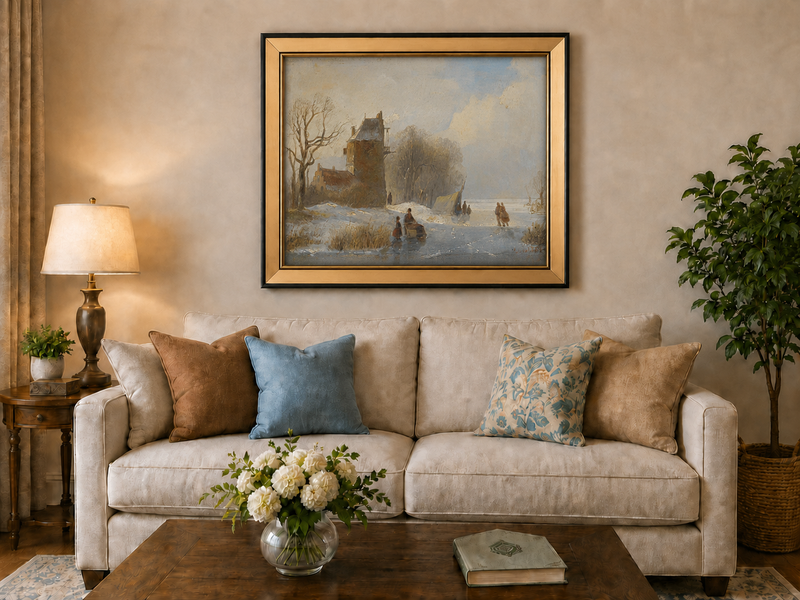Landscape Oil Painting - Winter Canal Windmill & Figures