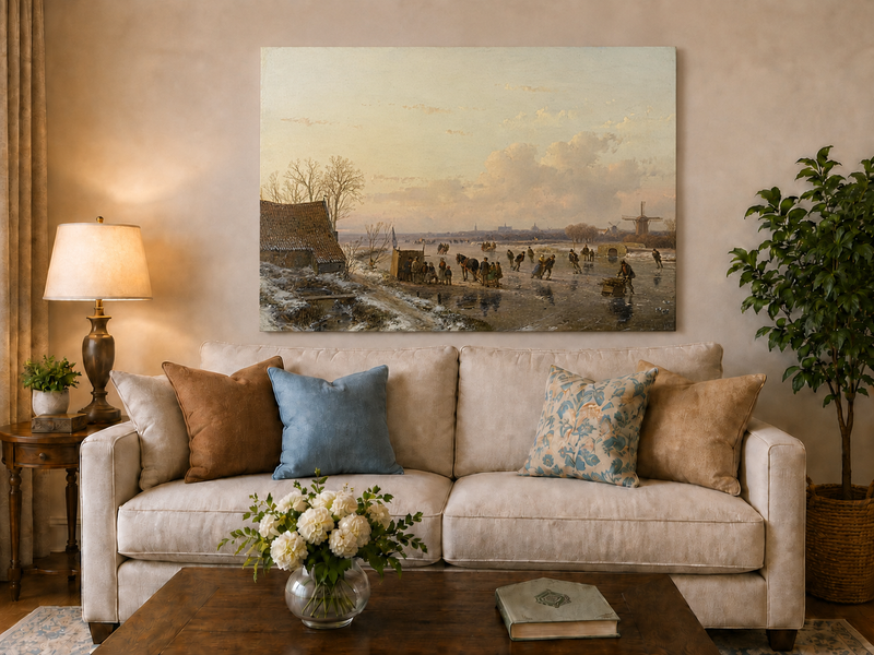 Landscape Oil Painting - Winter Canal with Skaters & Windmill