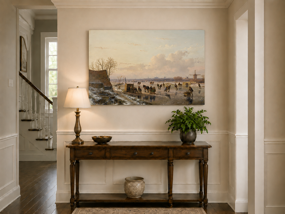 Landscape Oil Painting - Winter Canal with Skaters & Windmill
