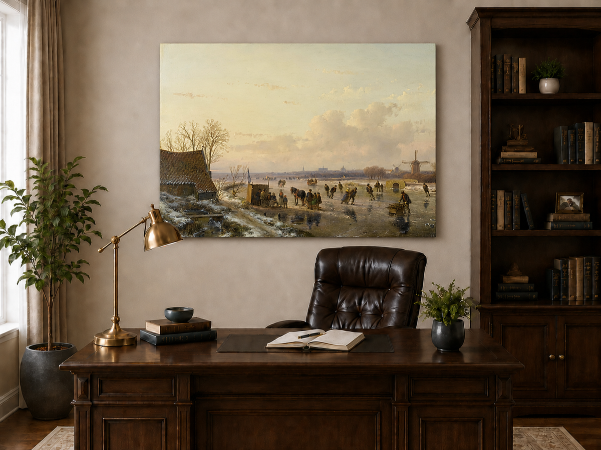 Landscape Oil Painting - Winter Canal with Skaters & Windmill