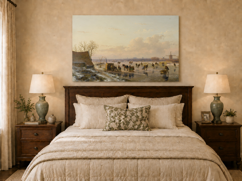 Landscape Oil Painting - Winter Canal with Skaters & Windmill
