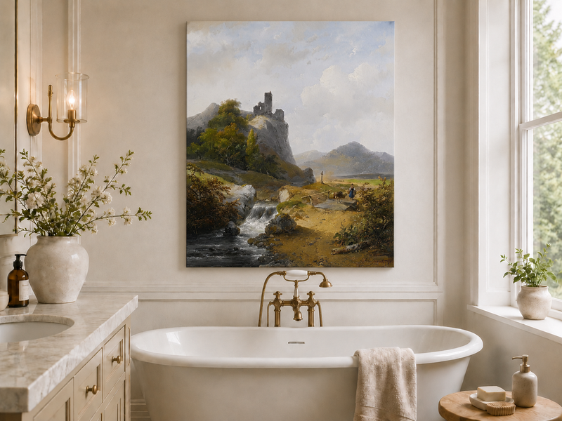 Peinture à l'huile de paysage - Montagne avec ruines, cascade et personnage
