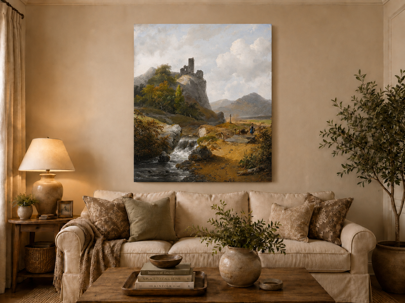 Peinture à l'huile de paysage - Montagne avec ruines, cascade et personnage