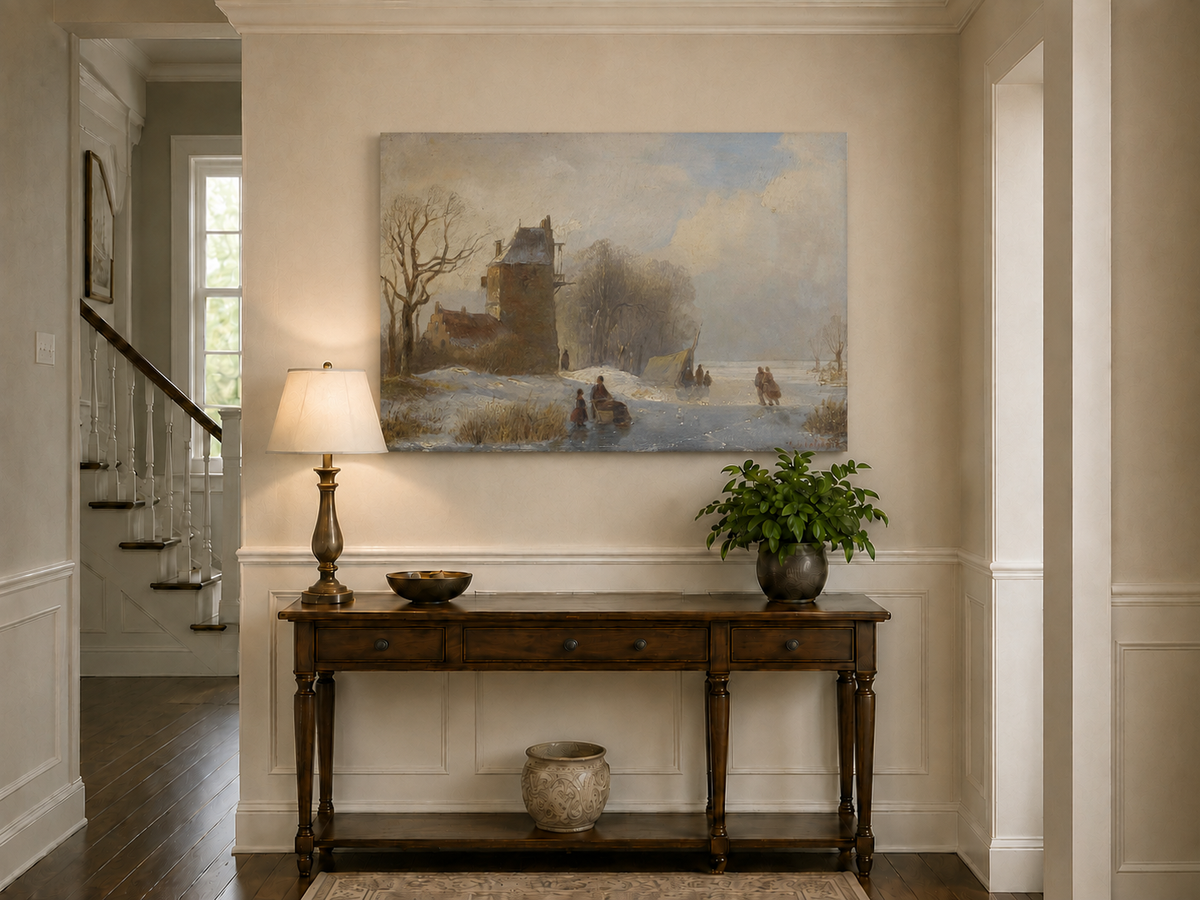 Landscape Oil Painting - Winter Canal Windmill & Figures
