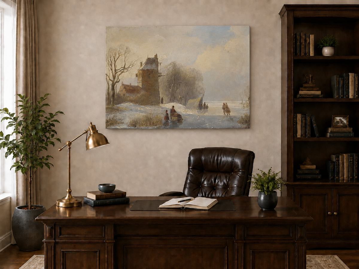 Landscape Oil Painting - Winter Canal Windmill & Figures