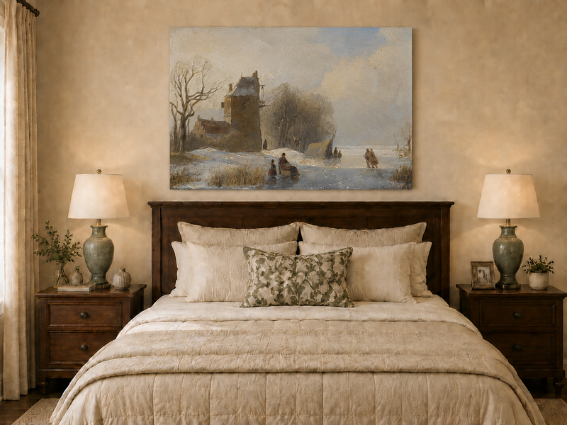 Landscape Oil Painting - Winter Canal Windmill & Figures