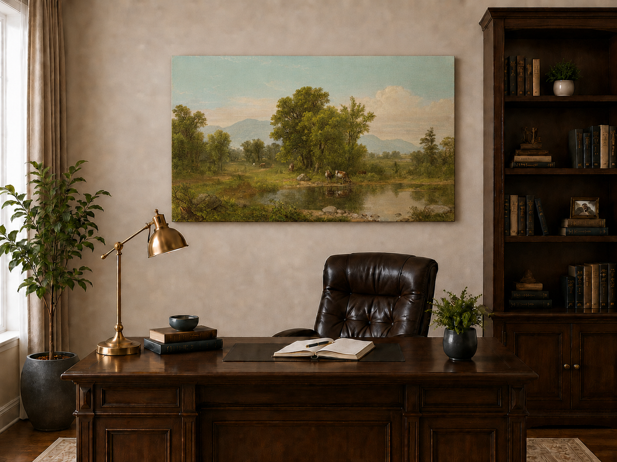 Peinture à l'huile de paysage - Village côtier avec phare et coucher de soleil