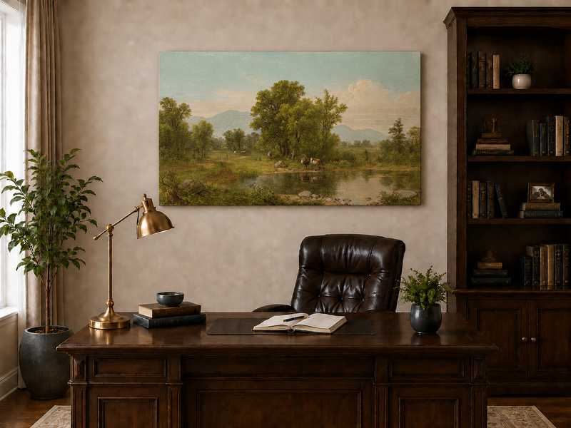 Peinture à l'huile de paysage - Village côtier avec phare et coucher de soleil