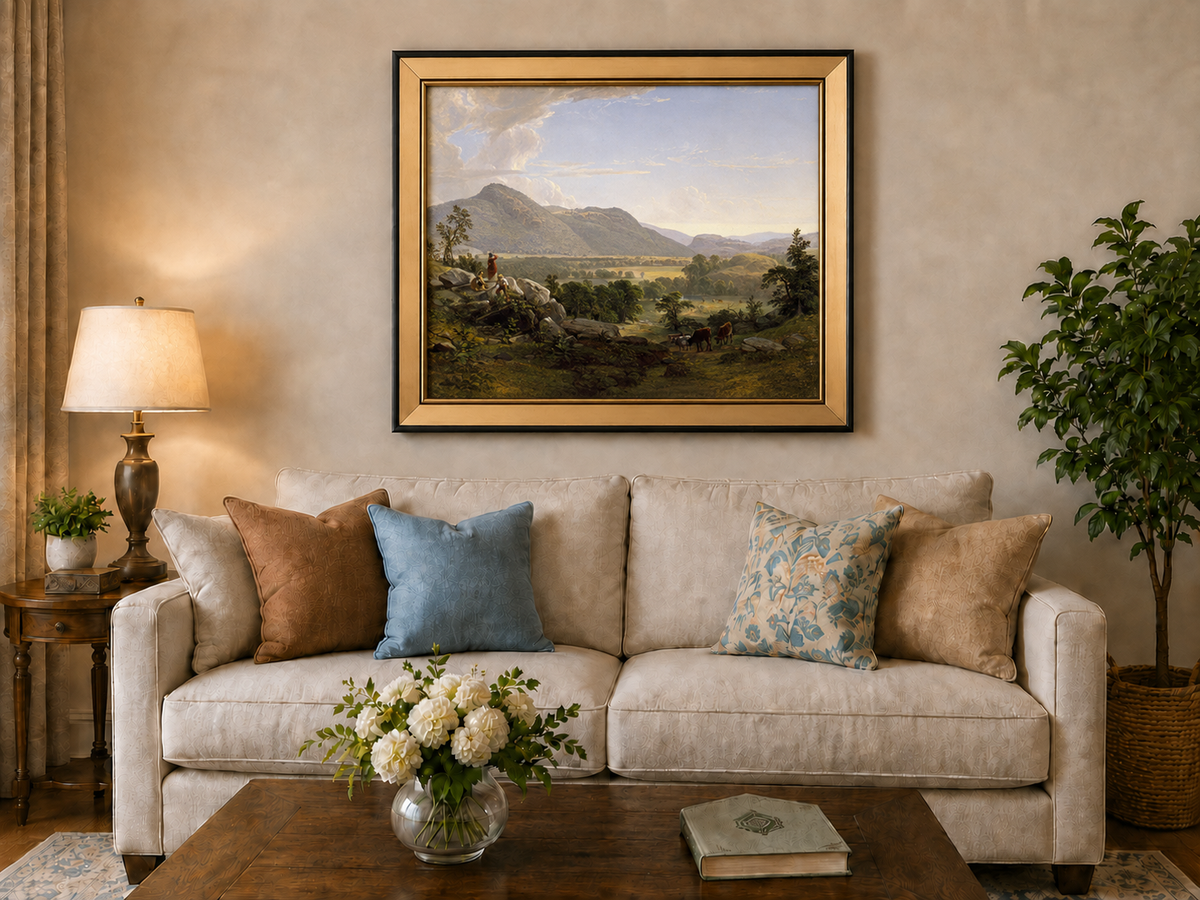 Peinture à l'huile de paysage - Village côtier avec phare et coucher de soleil