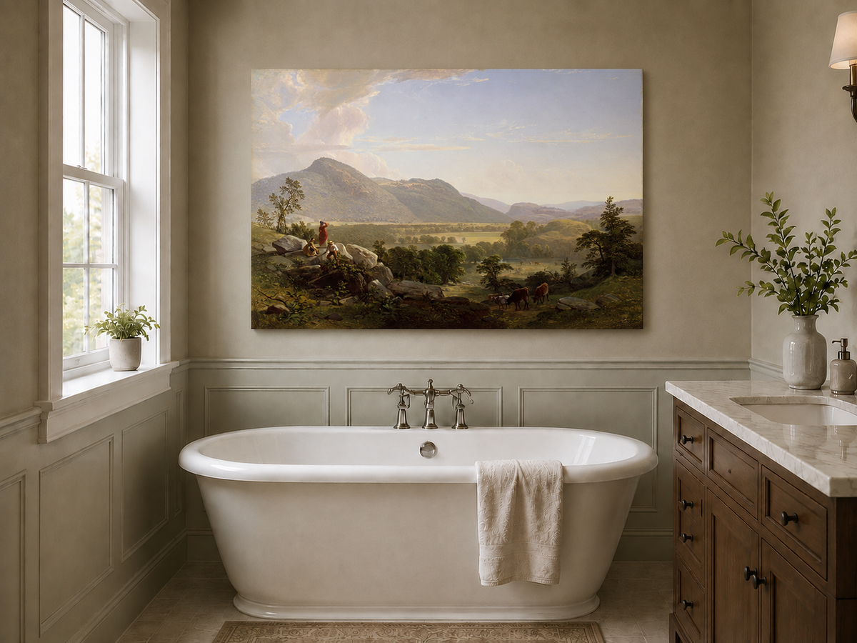 Peinture à l'huile de paysage - Village côtier avec phare et coucher de soleil