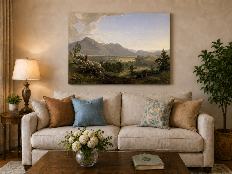 Peinture à l'huile de paysage - Village côtier avec phare et coucher de soleil
