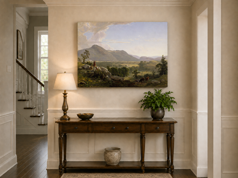 Peinture à l'huile de paysage - Village côtier avec phare et coucher de soleil