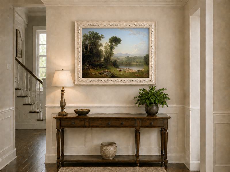 Landscape Oil Painting - River Valley with Cattle and Trees
