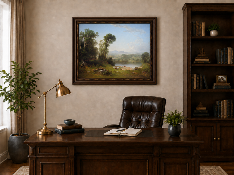 Landscape Oil Painting - River Valley with Cattle and Trees
