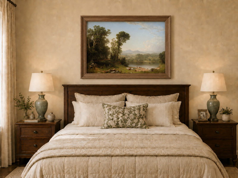 Landscape Oil Painting - River Valley with Cattle and Trees