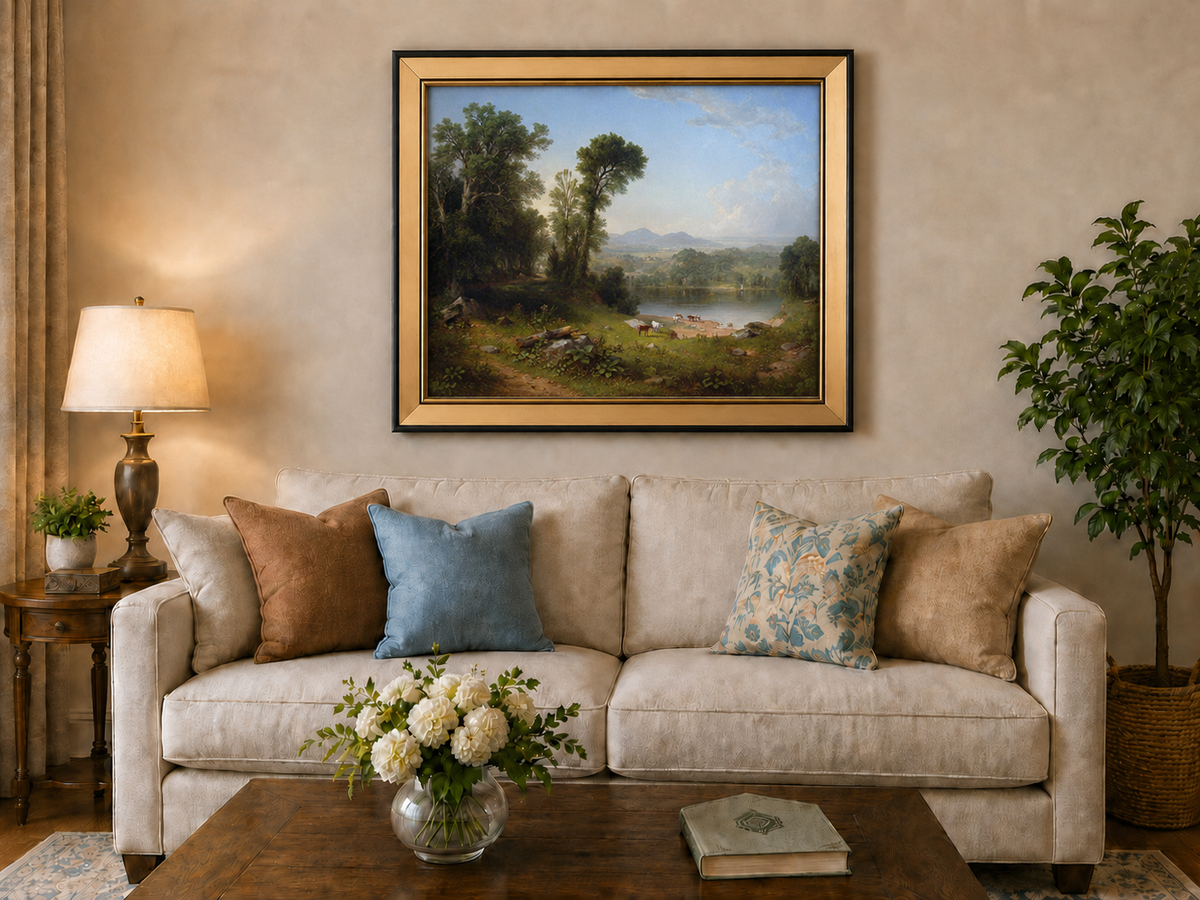 Landscape Oil Painting - River Valley with Cattle and Trees