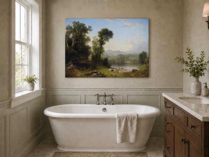 Landscape Oil Painting - River Valley with Cattle and Trees
