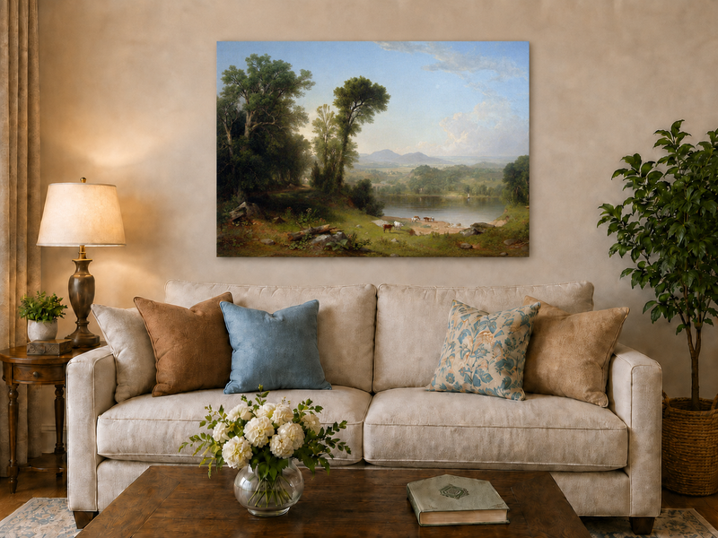 Landscape Oil Painting - River Valley with Cattle and Trees
