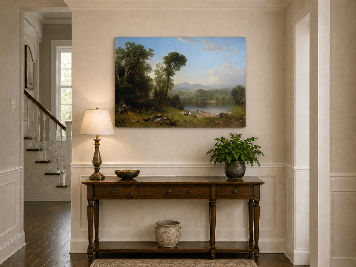 Landscape Oil Painting - River Valley with Cattle and Trees