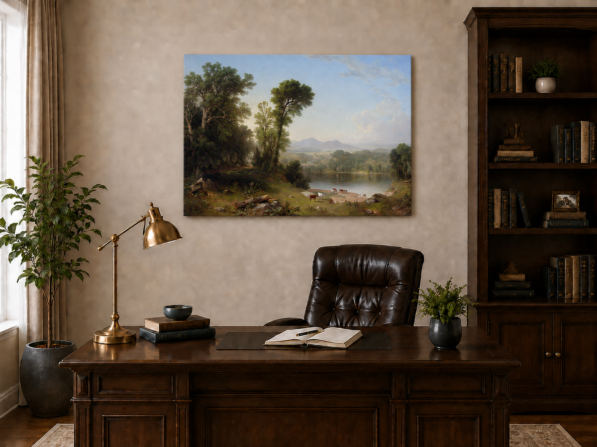 Landscape Oil Painting - River Valley with Cattle and Trees