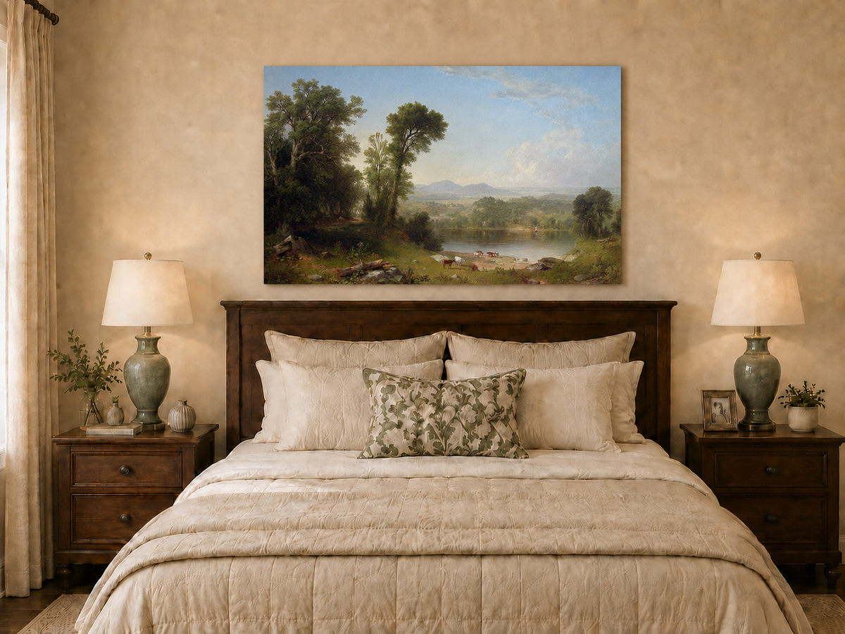 Landscape Oil Painting - River Valley with Cattle and Trees