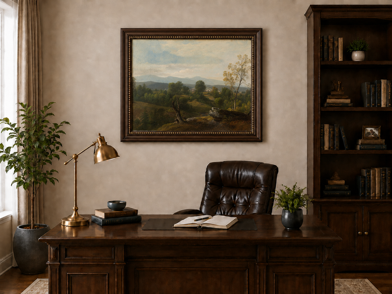 Landscape Oil Painting - Green Valley with Distant Mountains