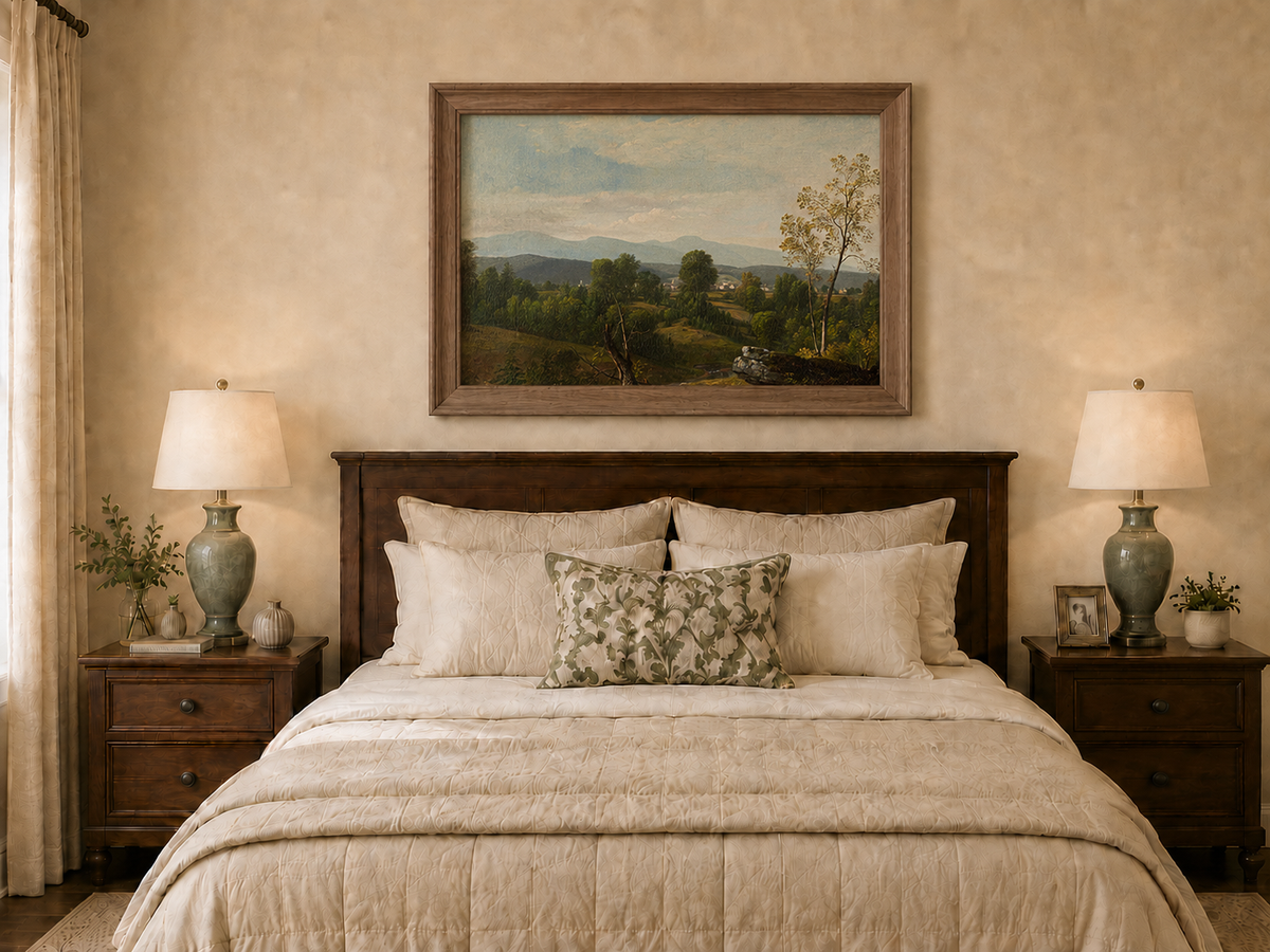 Landscape Oil Painting - Green Valley with Distant Mountains