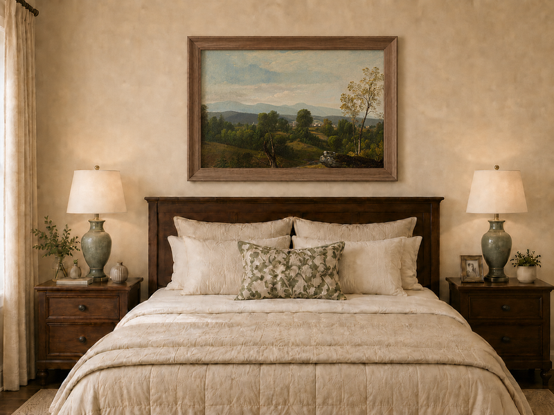 Landscape Oil Painting - Green Valley with Distant Mountains