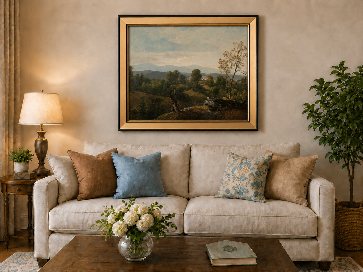 Landscape Oil Painting - Green Valley with Distant Mountains