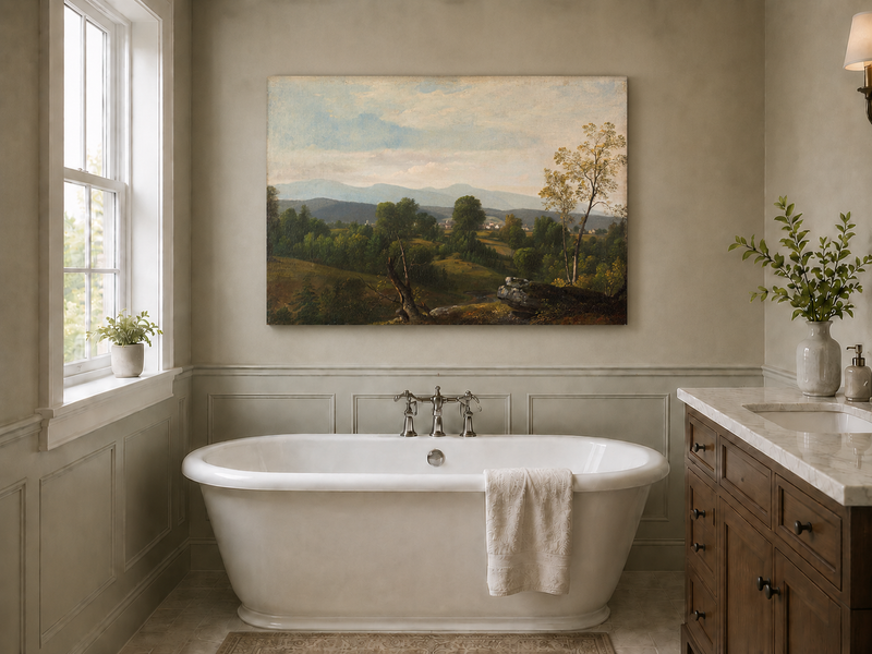 Landscape Oil Painting - Green Valley with Distant Mountains