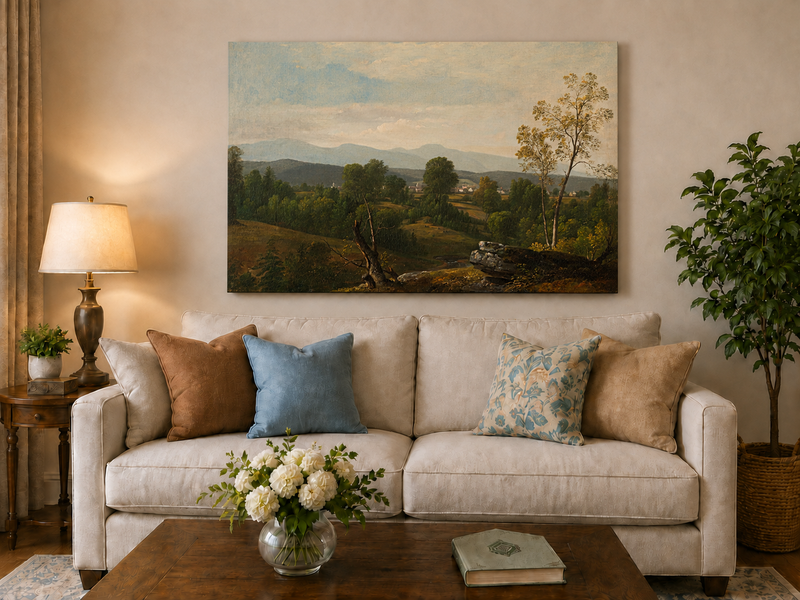 Landscape Oil Painting - Green Valley with Distant Mountains