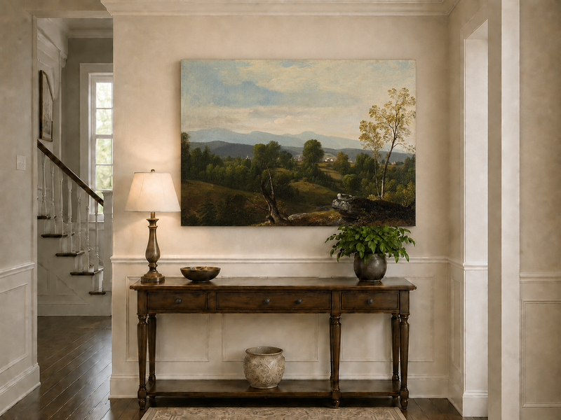 Landscape Oil Painting - Green Valley with Distant Mountains