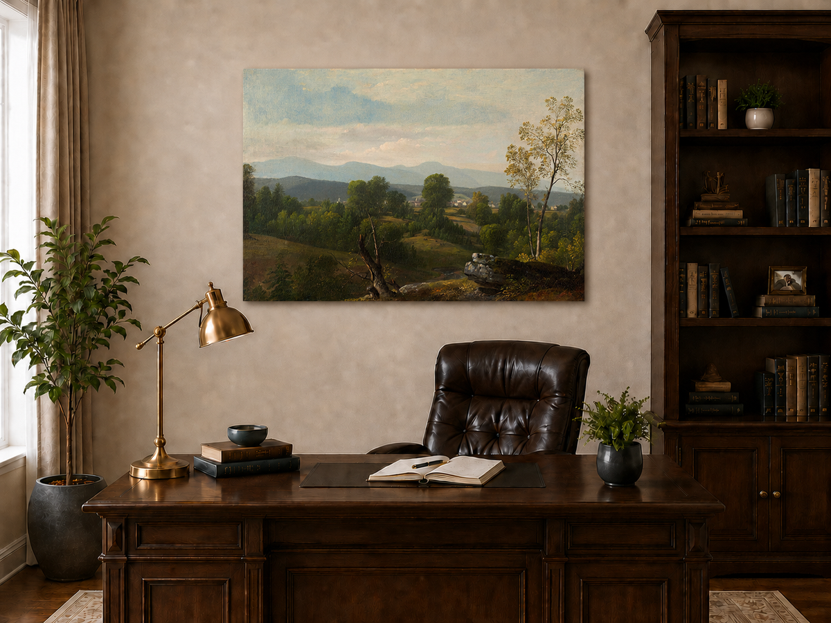 Landscape Oil Painting - Green Valley with Distant Mountains