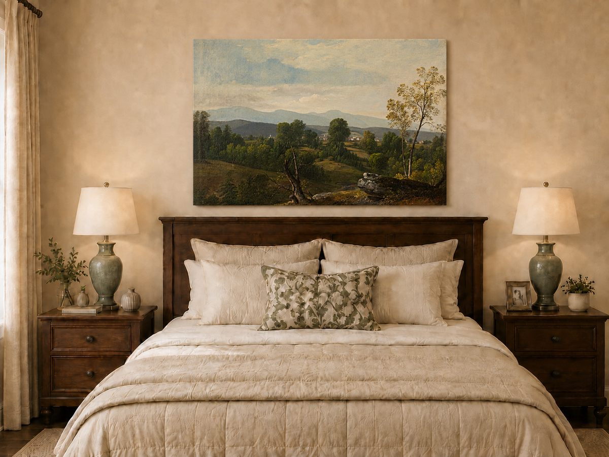 Landscape Oil Painting - Green Valley with Distant Mountains