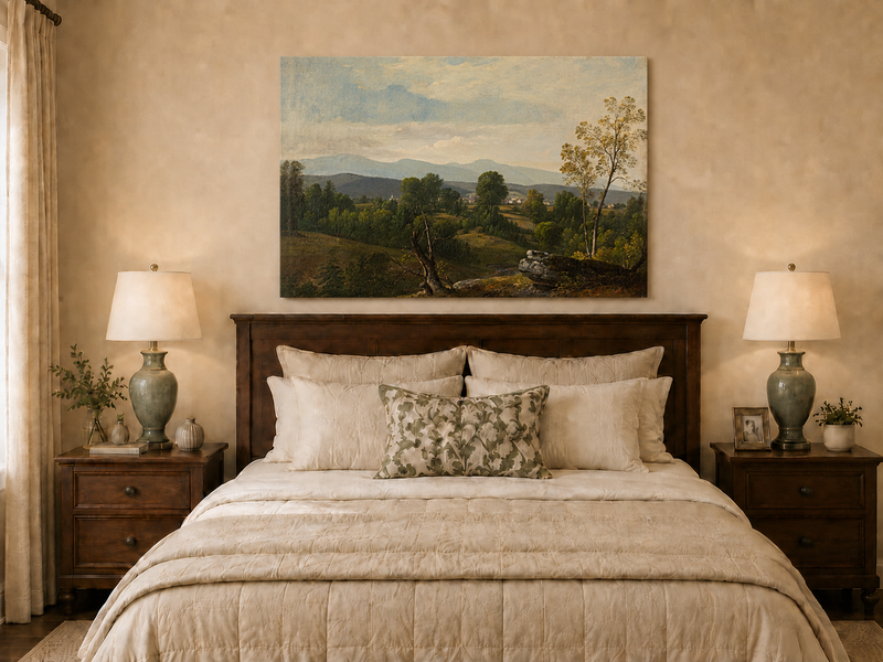 Landscape Oil Painting - Green Valley with Distant Mountains