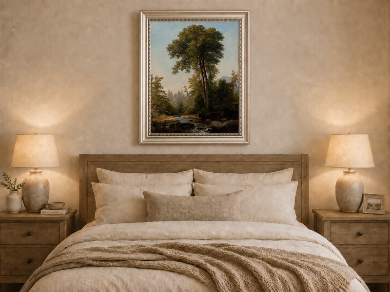 Peinture à l'huile de paysage - Ruisseau boisé, Grands arbres, Rochers